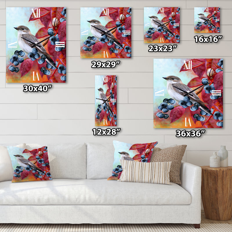 Petit oiseau gris sur un rameau d'automne rouge sur bleuet - Horloge murale traditionnelle, Grand
