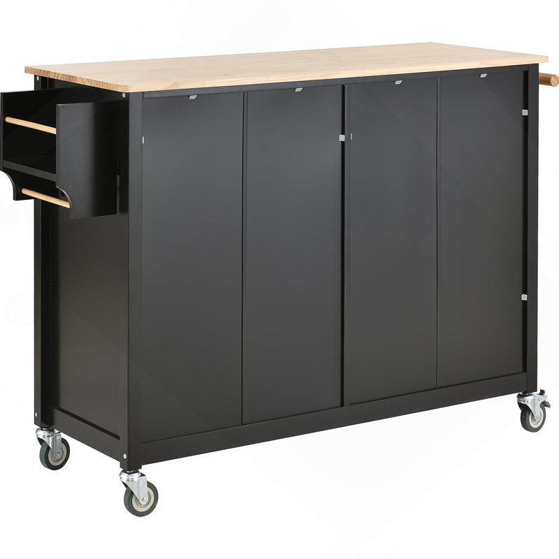 Kitchen Island Cart With Solid Wood Top And Locking Wheels, 4 Door Cabinet And Drawers, Black