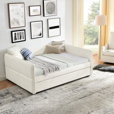 Lit de jour rembourré pleine grandeur avec couchette en tissu bouclé beige 83 x 58,5 x 29,5 pouces à rayures verticales sur les dossiers