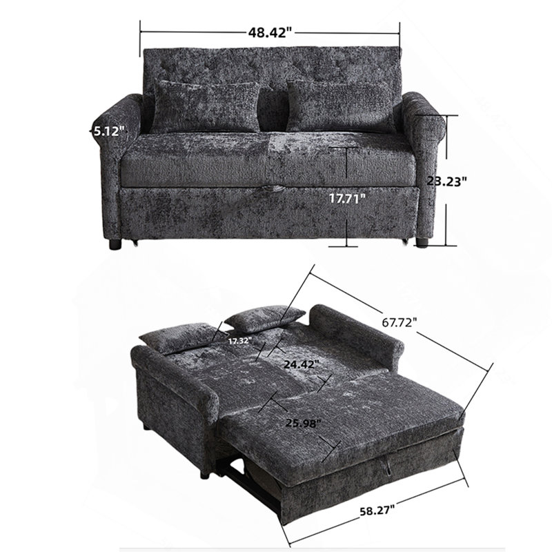 Canapé-lit de 58,27 po avec revêtement en chenille moderne et dossier réglable - Canapé-lit coulissant classique - Confortable pour le salon ou la chambre à coucher - Tissu gris foncé