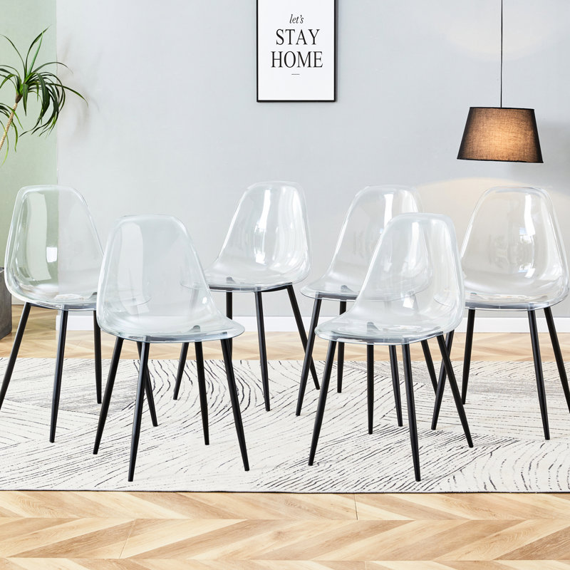 6 chaises en plastique transparent, cristal moderne sans accoudoirs de style nordique ergonomique avec structure en métal, siège confortable, 1200 sur 6, pieds noirs simples, courbe,