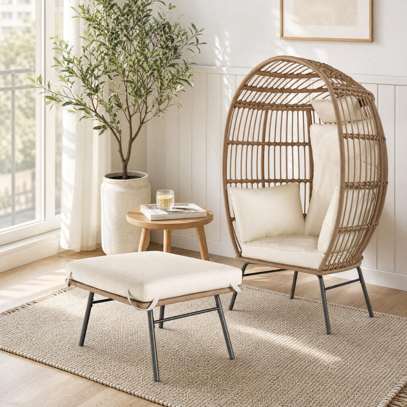 Ensemble de méridienne surdimensionnée de 57,7 po en osier avec coussins et repose-pieds, Beige