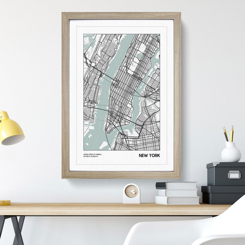 Map New York USA - Picture Frame Graphic Art, 90cm H x 65cm W x 2cm D, Oak