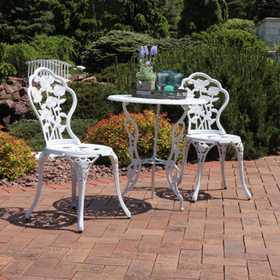 3-Piece Cast Aluminum White Floral Design Patio Dining Set with Round Bistro Table