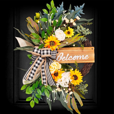 Spring Summer Wreath For Front Door – Farmhouse Sunflower Welcome Sign For Home Decor