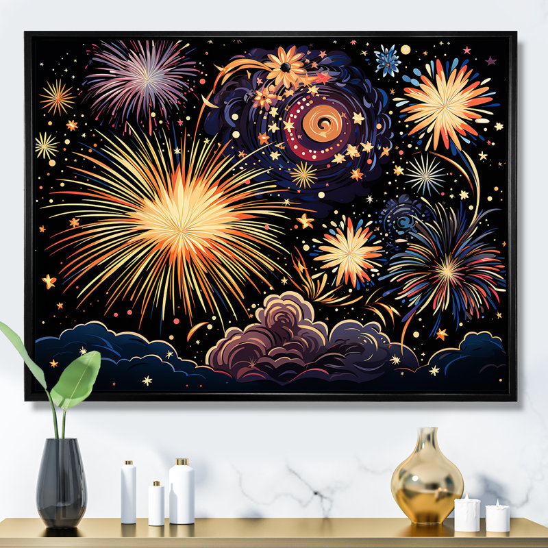 Feux d'artifice ciel céleste - art mural de feux d'artifice, H 34 po x l 44 po x P 1,5 po, Cadre flottant noir