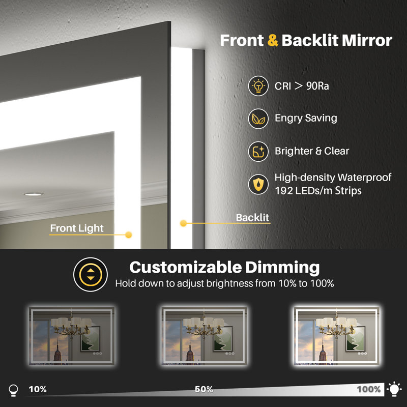 Miroir de salle de bain à DEL avec lumières, rétroéclairé et éclairé à l'avant, miroirs muraux éclairés pour meuble-lavabo, écran tactile à intensité variable, antibuée, fonction mémoire, verre trempé HD, incassable, homologué ETL