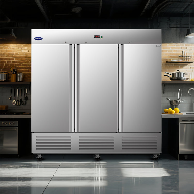 Gio 81 Inch Upright Freezer 72 Cu Ft Three Door Stainless Steel Reach-In Freezer with Adjustable Shelves and LED Lighting