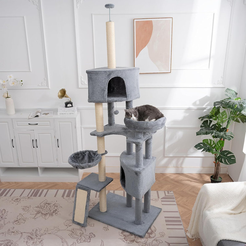 Arbre à chat 105 po à niveaux multiples gris avec perchoirs, grottes et planche à gratter