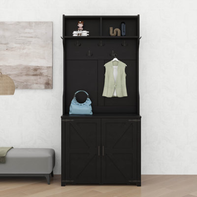 4-In-1 Farmhouse Wood Hall Tree With Movable Bench & Storage Cabinet
