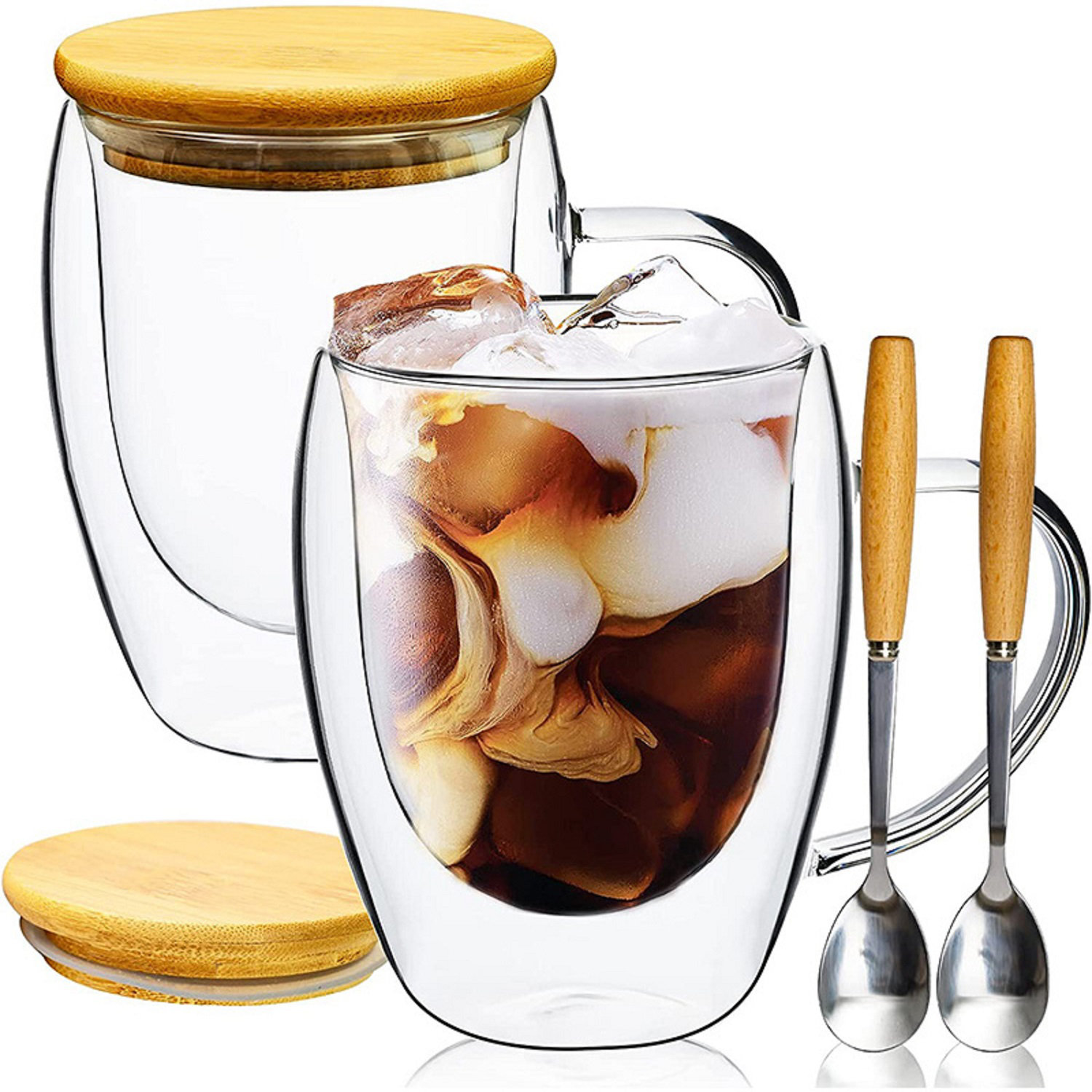 12 Sets 12 oz Double Walled Glass Coffee Mugs with Sakura  Spoon, Clear Glass Insulated Coffee Mug with Handle 2 Layers Glass Coffee Cups  Latte Cup for Cappuccino, Tea, Latte