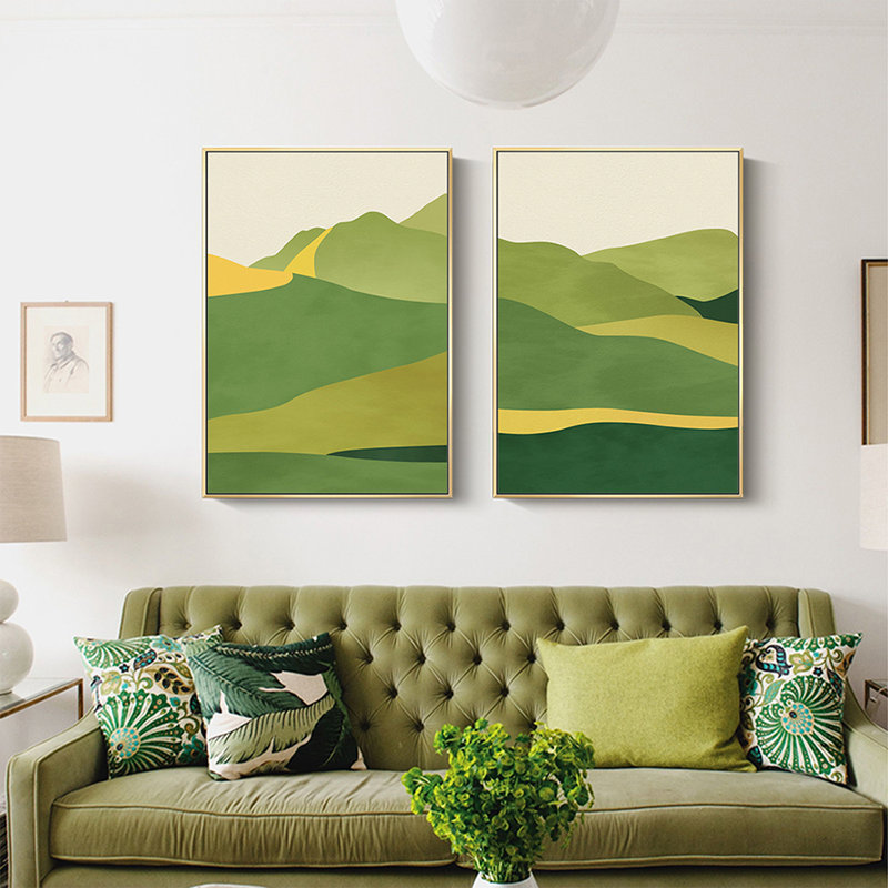 Deux peintures décoratives de paysages de montagne verte et de tentures murales, H 31,5 po x l 23,62 po