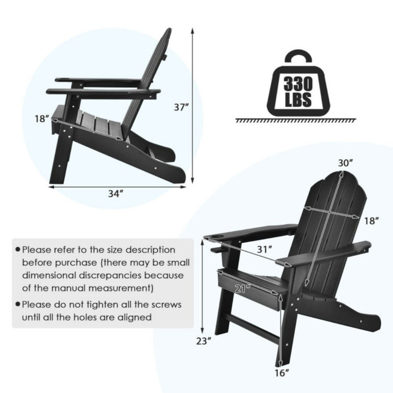 Outdoor Adirondack Chair With Built-In Cup Holder For Backyard Porch, Black