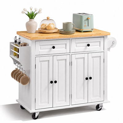 Chariot pour îlot de cuisine roulant avec plateau en bois d'hévéa massif, armoire de rangement, tiroir, support à épices, barre à serviettes et roulettes verrouillables, 43,3 po x 17,7 po, blanc