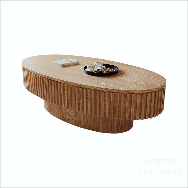 Table basse ovale avec rangement caché, Bois naturel