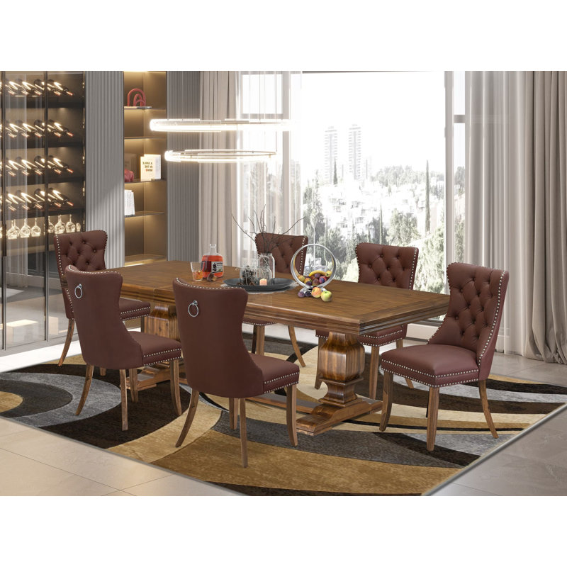 L'ensemble de salle à manger 7 pièces contient une table de cuisine rectangulaire et 6 chaises modernes en polyester bourgogne, noyer antique