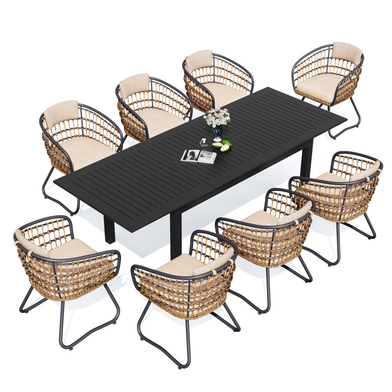 8 - Person Aluminum Rectangular Extendable Outdoor Dining Set with Cushion (Set of 9), Beige
