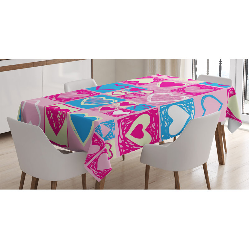 Ambesonne Love Tablecloth, Hearts In Square Shapes Geometrical Celebrate Childish Children Artwork, Rectangular Table Cover For Dining Room Kitchen Decor, 60" X 90", Blue Ivory Pink