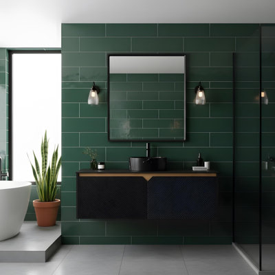 48" Bathroom vanity with sink, featuring a round ceramic basin with stone-effect finish and black sintered stone countertop.