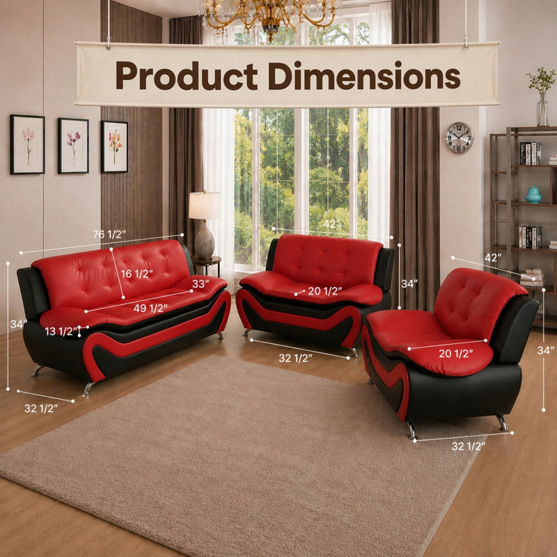 Ensemble de canapé en similicuir 3 pièces, grand canapé de salon + causeuse + fauteuil simple, noir, Red