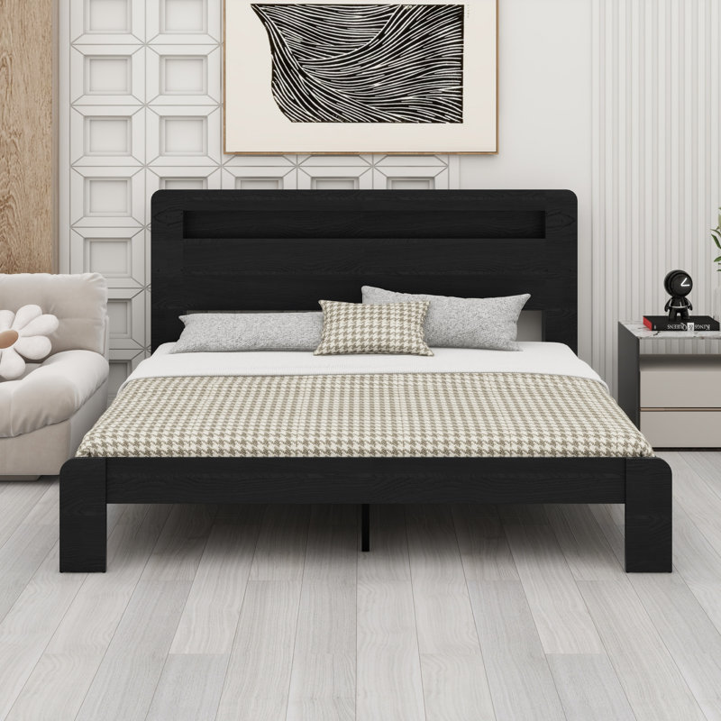Structure de lit plateforme avec tête de lit à DEL avec rangement et 2 USB, grand rangement sous le lit, Brun foncé