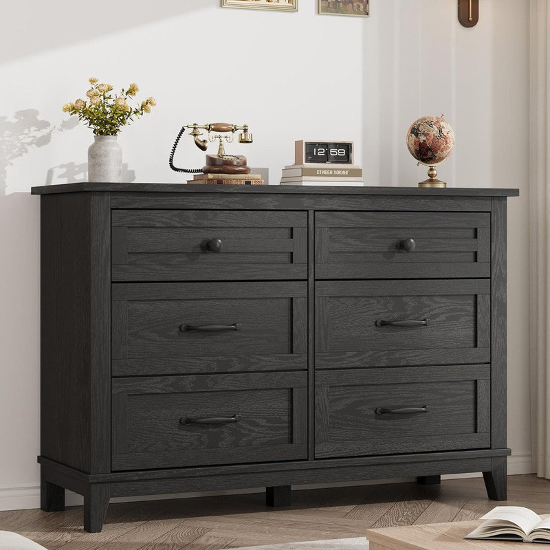 Chic 6-Drawer Wooden Dresser, 47" Wide Storage Cabinet, Black