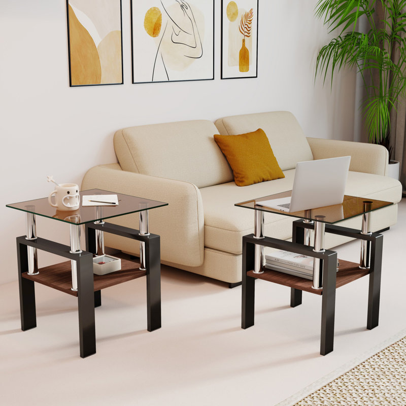 Ensemble de 2 tables de bout avec plateau en verre trempé brun moderne et pieds noirs, Brun, Noir