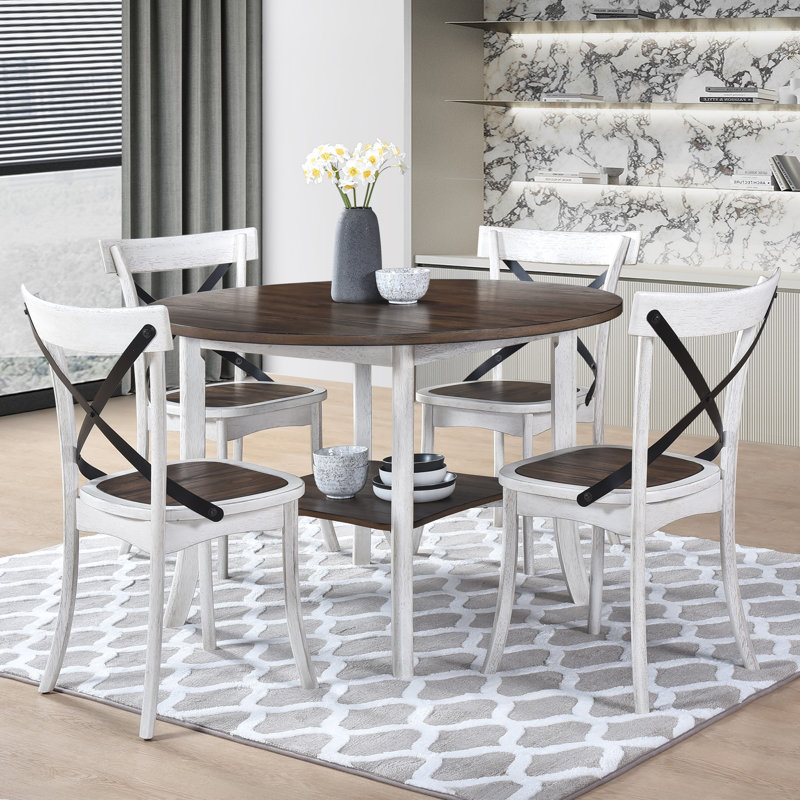 Table de salle à manger ronde, ferme moderne de 45,7 pouces, chêne foncé antique et blanc, tablette de rangement