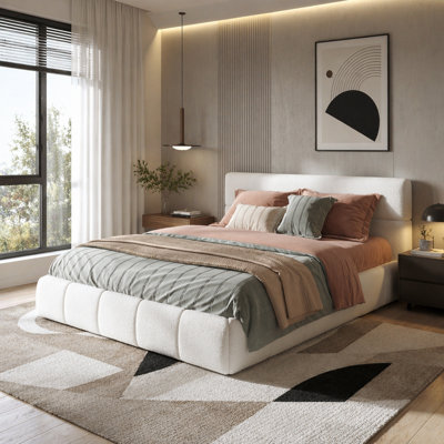 Queen Upholstered Platform Bed Frame with Boucle Headboard, Modern Bed Frame with Wood Slat Support, No Box Spring Required