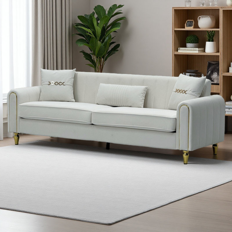 Canapé rembourré de 87,4 pouces, canapé 3 places confortable avec coussins décoratifs et coussin lombaire, conception moderne, pieds en métal durables pour le salon