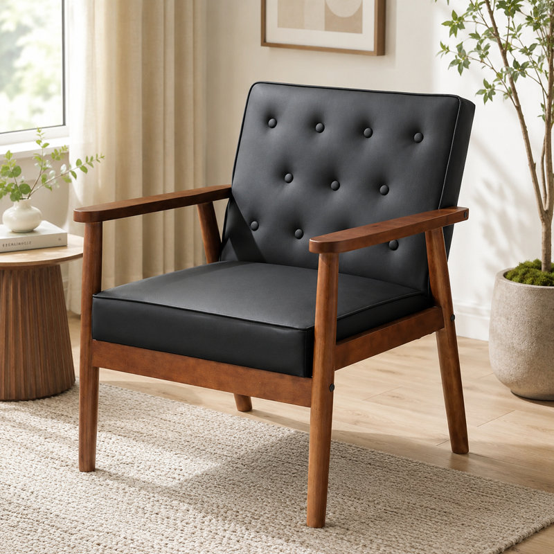 Fauteuil Mid-Century de 68 po de largeur, Similicuir noir