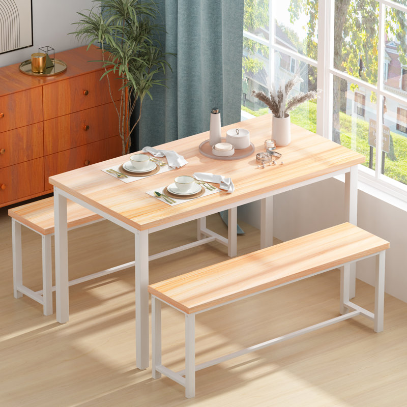Ensemble de salle à manger 3 pièces avec 2 bancs Constantine, Naturel / blanc / naturel