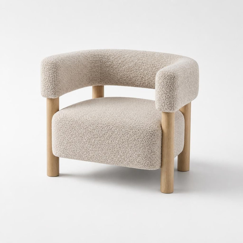 Fauteuil d'appoint rembourré Soft Boucle avec structure en bois d'hévéa robuste, pieds cylindriques épais et coussin à ressorts moelleux