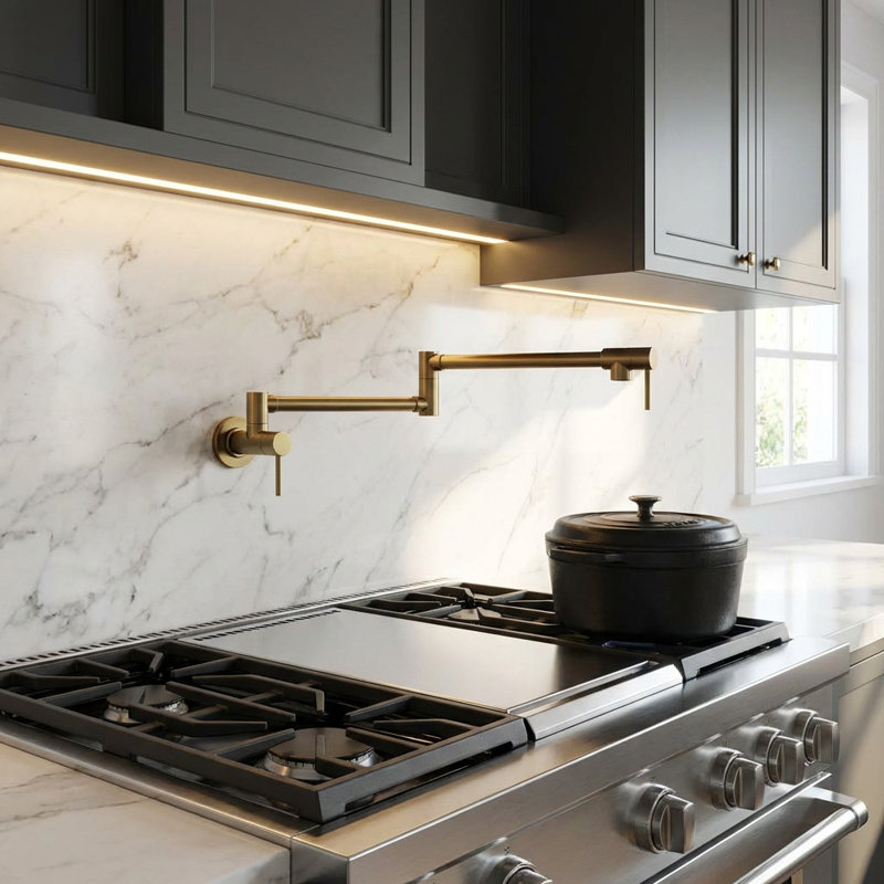 Wall Mounted Pot Filler With Double Handle In Brushed Gold, Brushed Gold