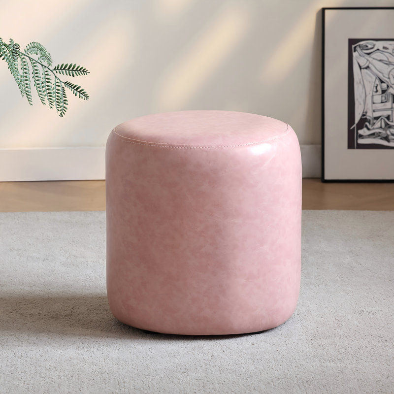 30cm Small Round Faux Leather Upholstered Ottoman, Pink