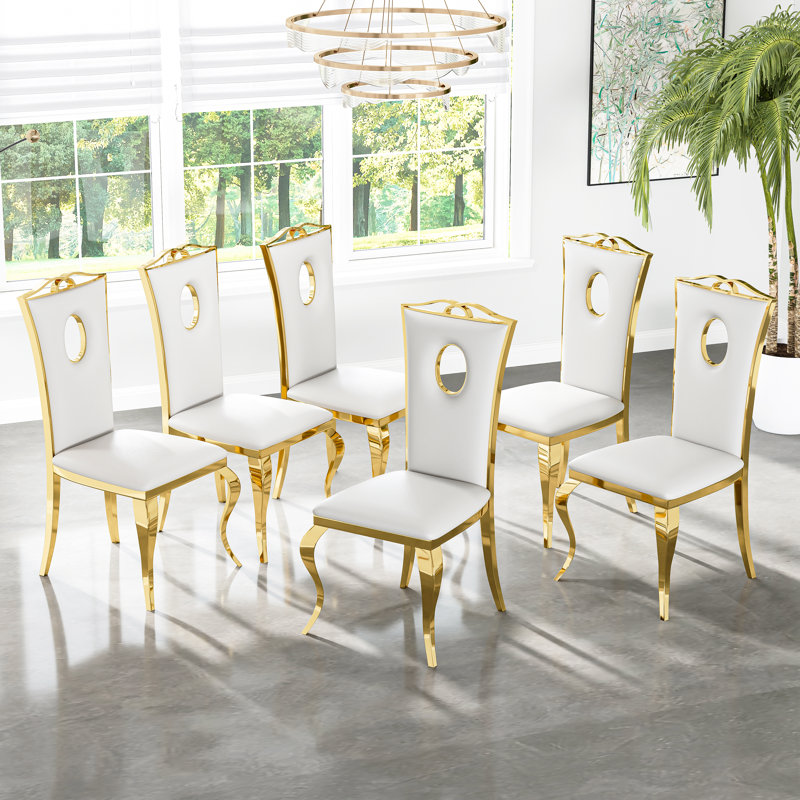 43.3" High Faux Leather Dining Chair Set, High Back Round Hole Backrest And Curved Stainless Steel Legs, 6, White, Gold