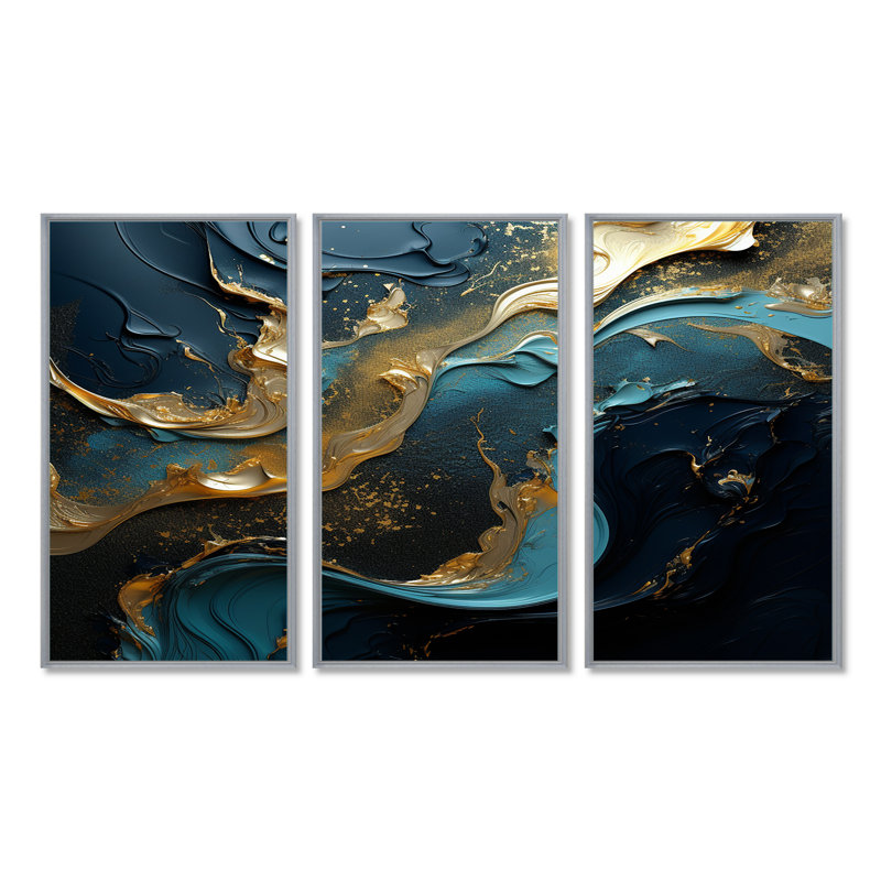 Ensemble de salon art mural liquide or turquoise et encre liquide, H 40 po x l 60 po x P 1 po, Cadre argenté flottant