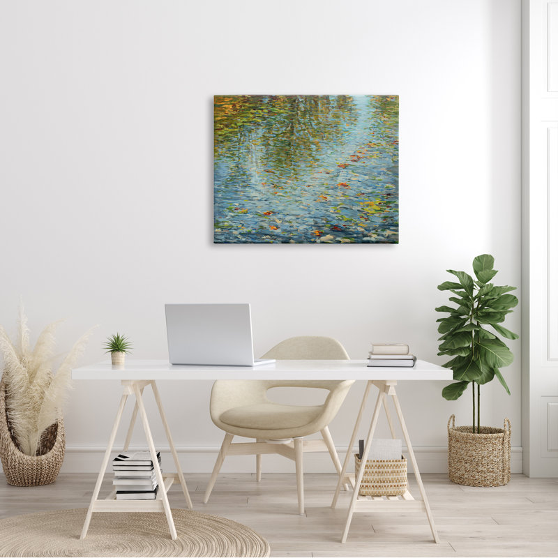 «Abstract Lake Water Reflection Expressive Summer Pond Leaves» par - Peinture, Plaque murale, H 30 po x l 40 po