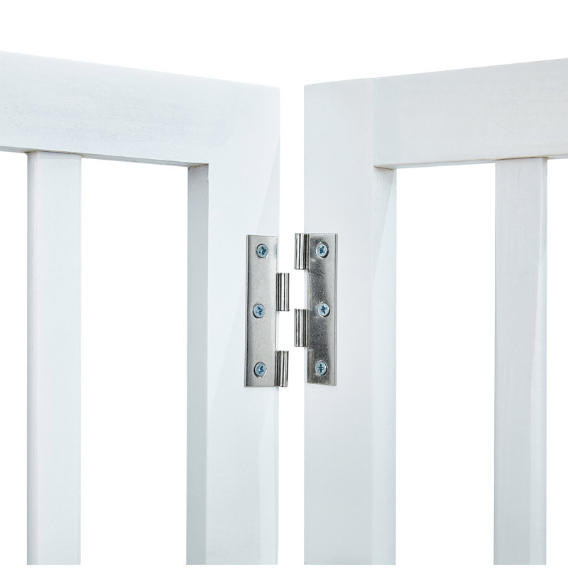 Barrière pour animaux autoportante 24 po H x 80,3 po l, 4 panneaux pliables, extensible pour les escaliers d'intérieur, conception en bois blanc avec support de pied coulissant silencieux et panneau de fonction stable pour chien très large, zones, solide
