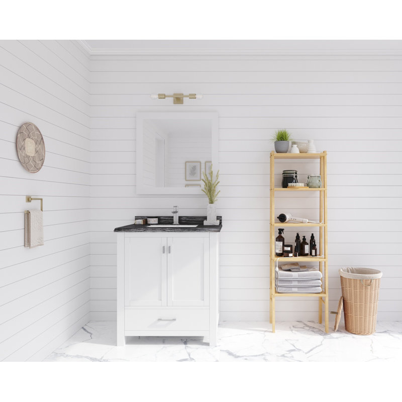 Mariário 30'' Single Bathroom Vanity with Solid Surface Top, White, Black Wood