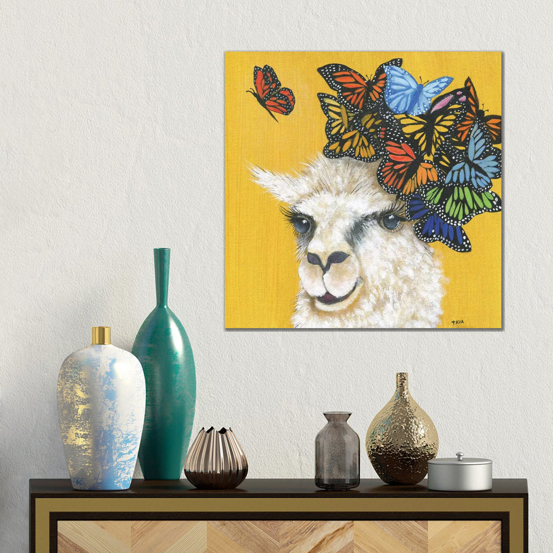 Lama und Schmetterlinge von Tava Studios - Galerie-verpackte Leinwand Giclée auf Leinwand