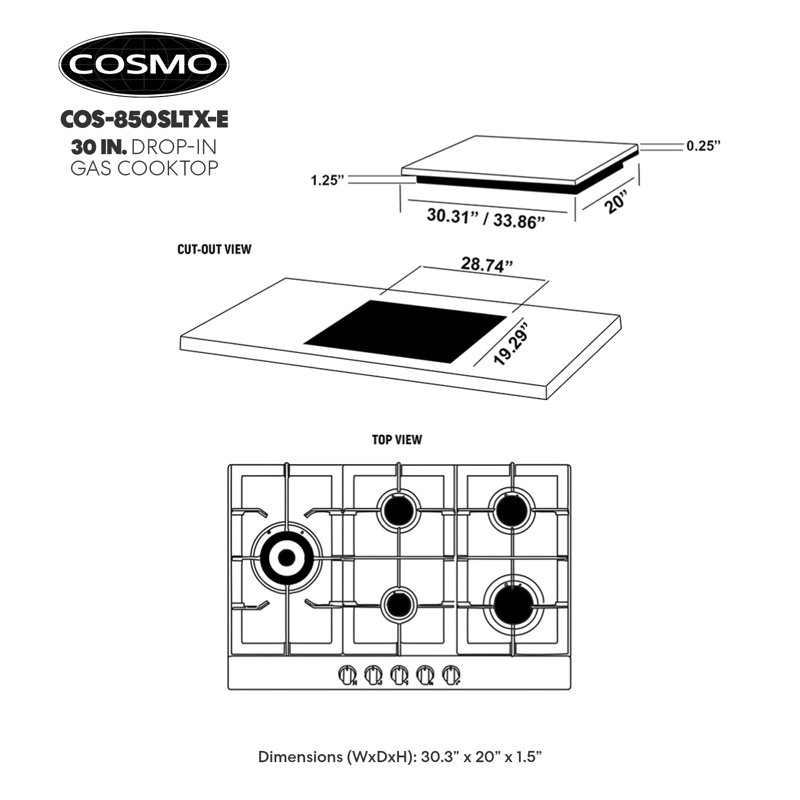 Plaque de cuisson au gaz 30 po avec 5 brûleurs scellés Cosmo