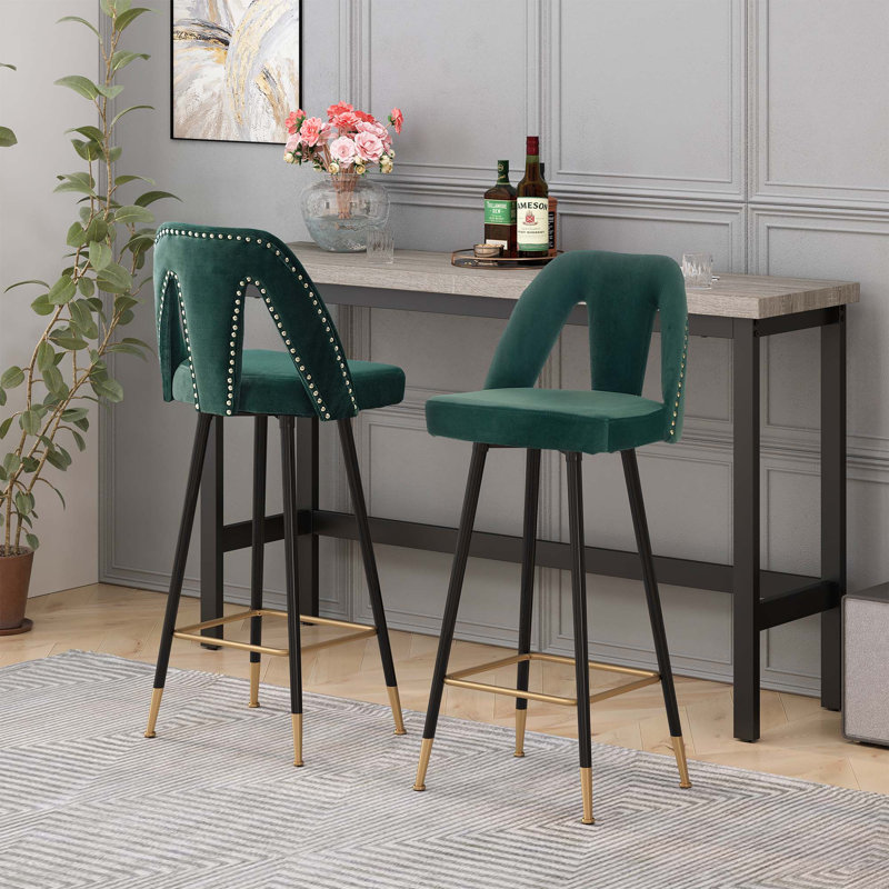 Ensemble de 2 tabourets et tabourets de bar contemporains en velours de 28 po Connor, Vert