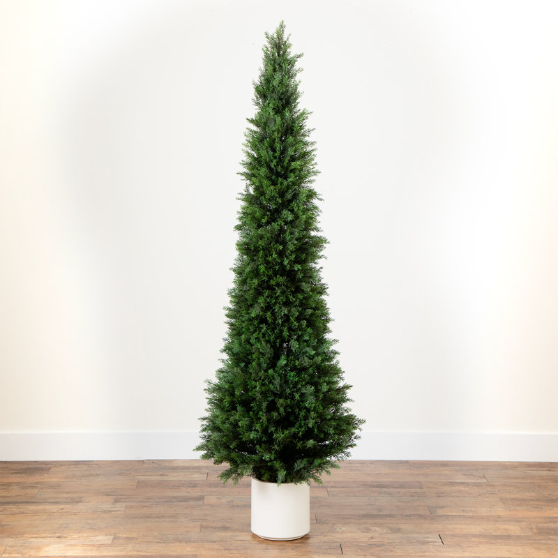 5ft. UV Resistant Artificial Cedar Tree in Decorative White Planter (Indoor/Outdoor), 72" H x 23" W x 23" D
