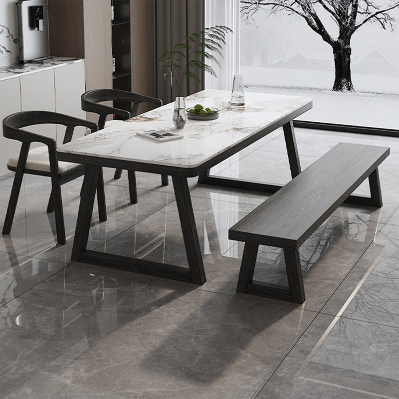 Table de salle à manger noire en pierre frittée rectangulaire + bois massif, H 29,53 po x L 70,87 po x l 31,5 po