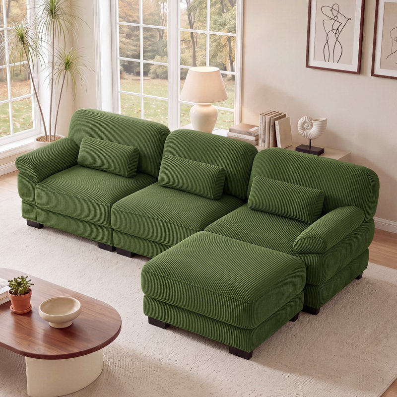 Canapé d'angle modulaire surdimensionné en forme de L, canapé trois places avec pouf, tissu velours côtelé, pour salon, chambre ou appartement