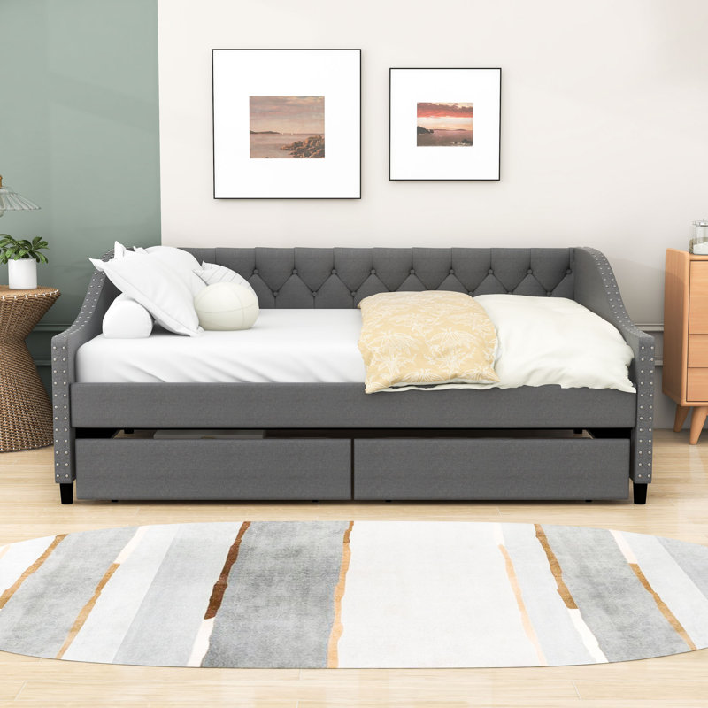 2 Drawers Upholstered Full Daybed with Sturdy Slats Support, Gray