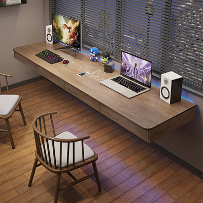 Walnut Rectangular Solid Wood Floating Desk with drawers desk