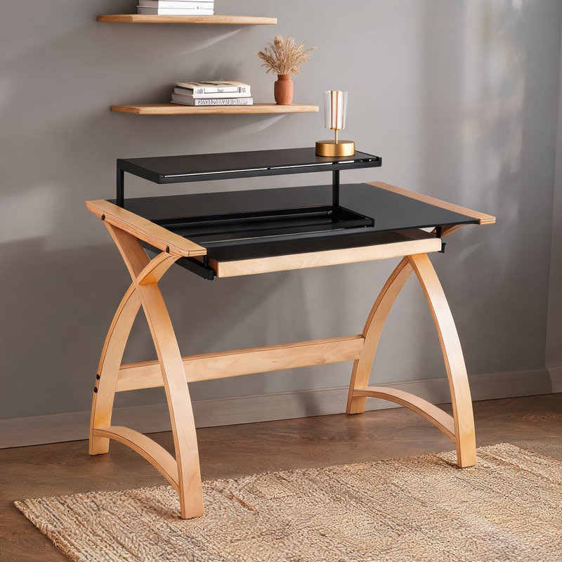 Bureau d'écriture Mid-Century en verre trempé mat et bois massif avec rangement pour bureau personnel