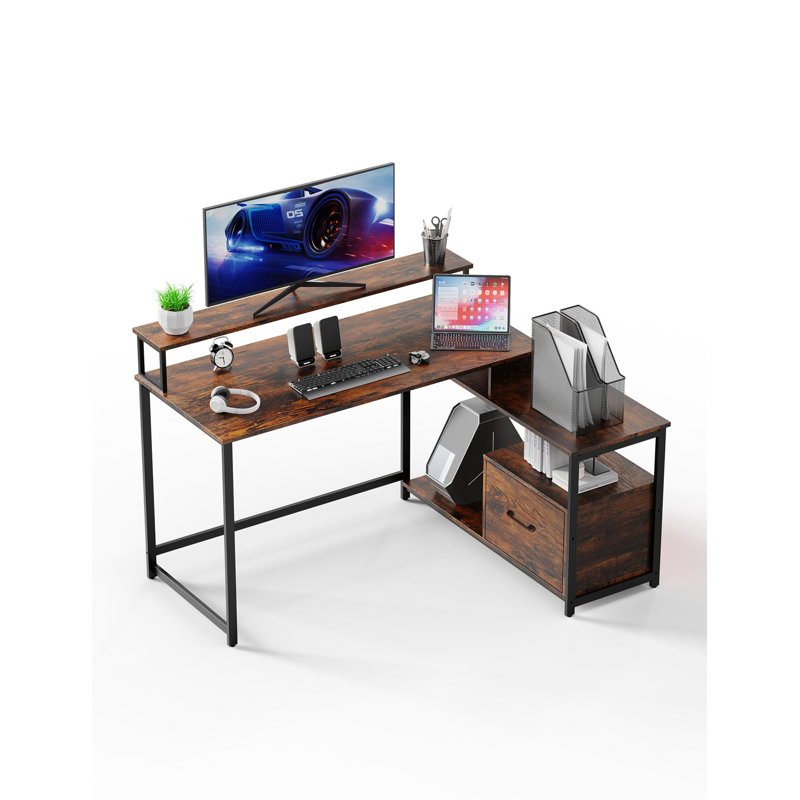 L-Shaped Metal Base Computer Desk, Rustic Brown, 29.92" H x 55.51" W x 39.37" W